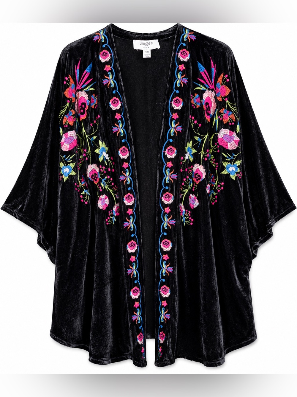 Umgee Velvet Embroidered Kimono Boho Whimsygoth Festival Duster‎ Floral Wrap S/M